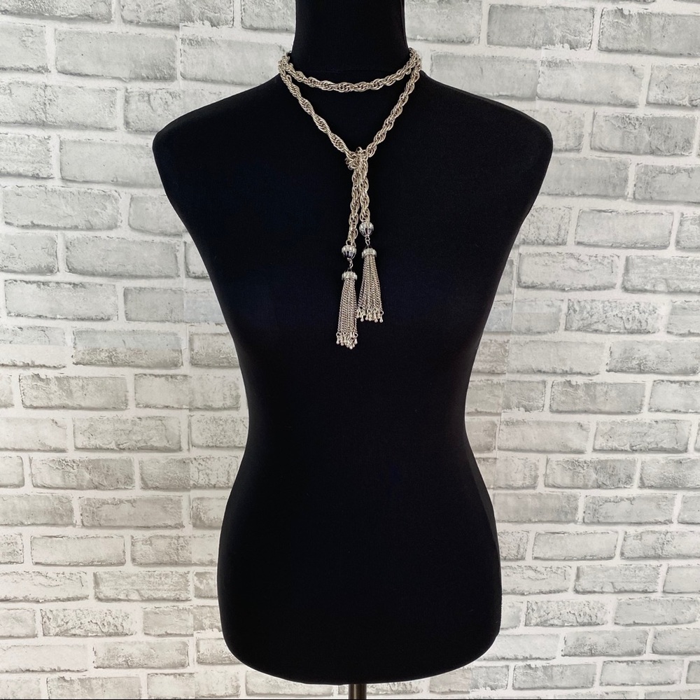 Long metal chain fringe tassel crystal necklace - Picture 7 of 8